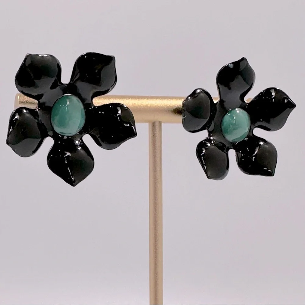Black & Turquoise Enamel Flower Earrings Retro Whimsigoth